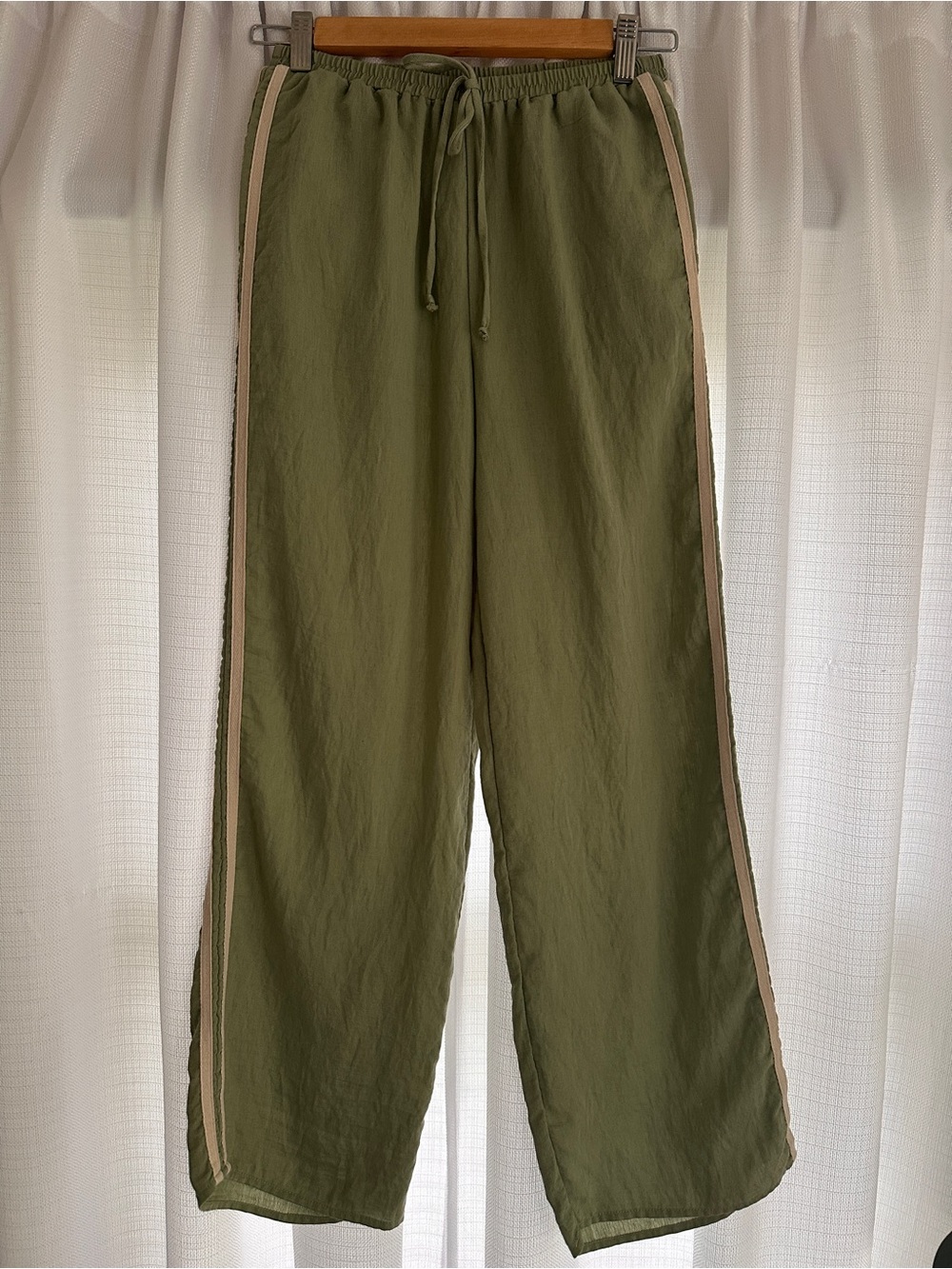 Sienna Sky Sage Lighweight Wide Leg Joggers with Tan Side Stripes